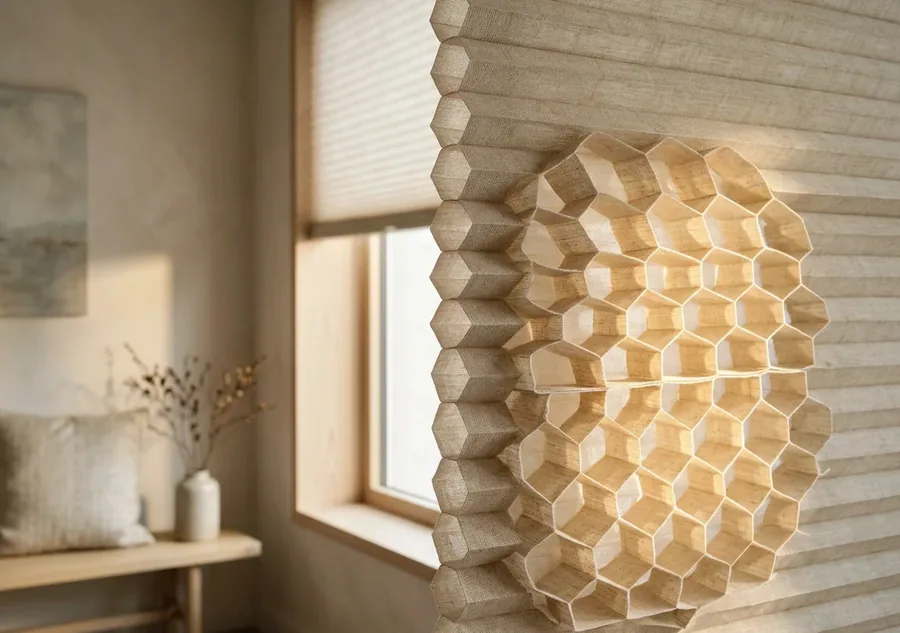 Honeycomb cells of a cellular blind glowing in afternoon sun
